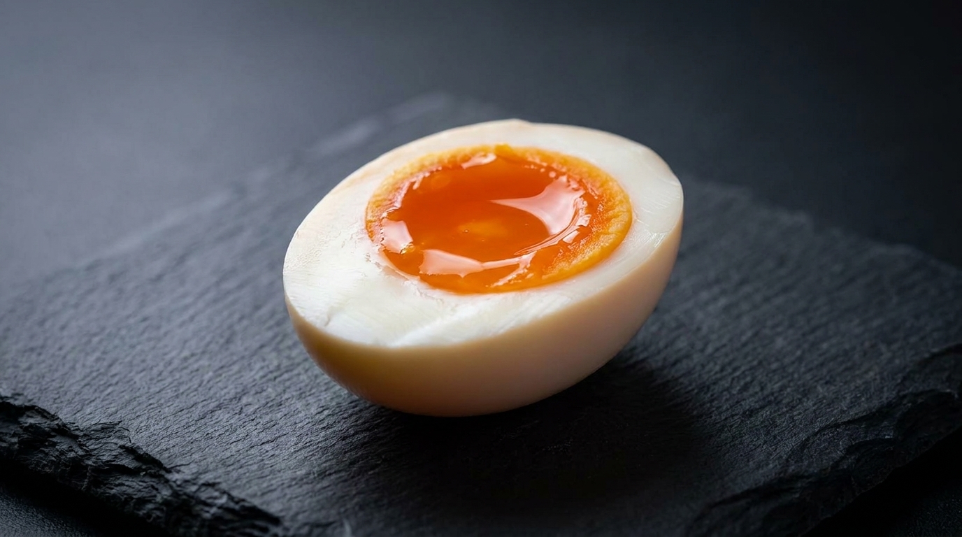 半分に切った、鮮やかな黄金色のとろとろ味付け玉子。