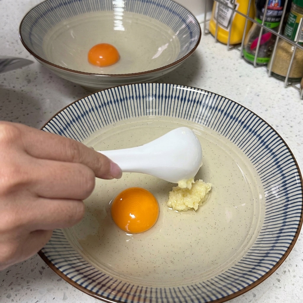 器の中の黄身の横に置かれたマヨネーズとにんにく。
