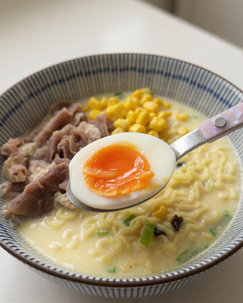 半熟卵がトッピングされたラーメン。