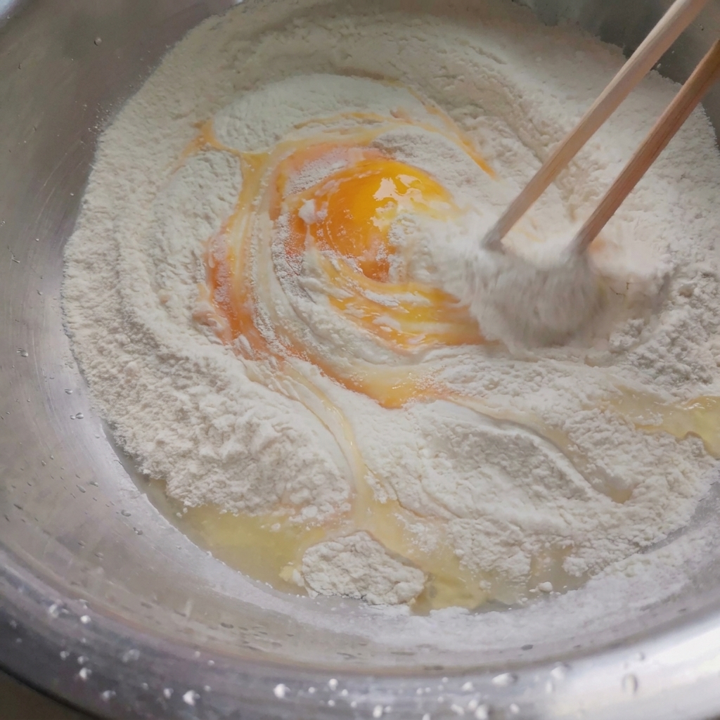 大きなボウルに入れた小麦粉に、箸で卵を混ぜ込んでいる様子。