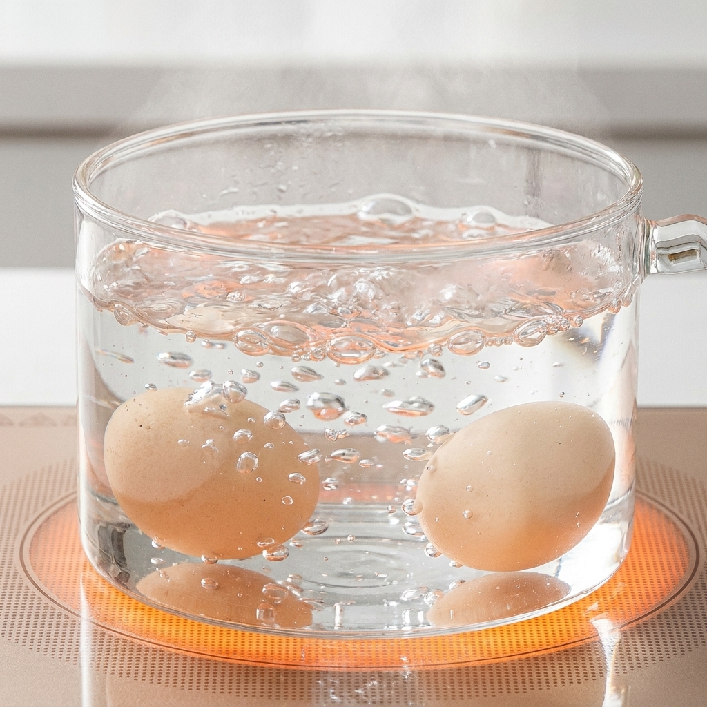 沸騰したお湯で卵を茹でている様子