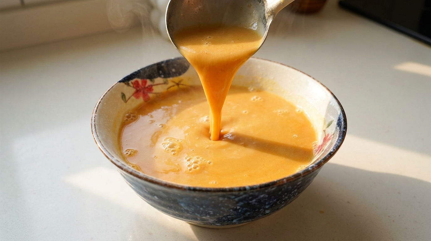 鮮やかなオレンジ色のエビ出汁を花柄の陶器に注ぎ入れる様子。