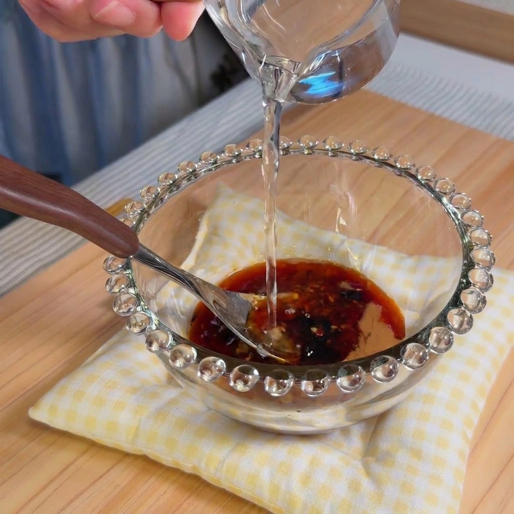濃厚な胡麻だれに水を少量ずつ加え、滑らかにしている様子。