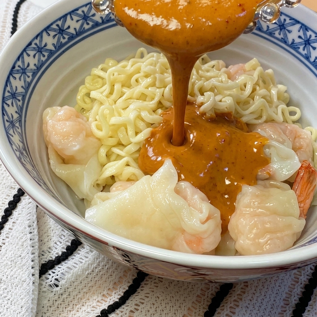 器に盛った麺とワンタンに、胡麻だれをかけている様子。