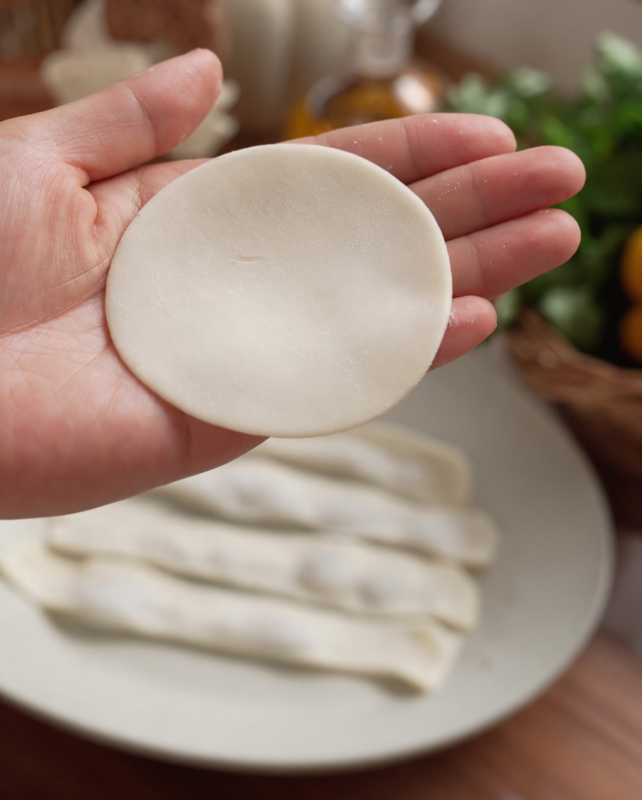 餃子の皮の縁に少量の水を塗っている手のクローズアップ。
