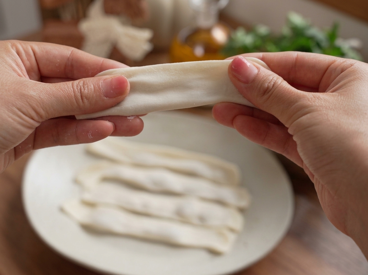 閉じた餃子を慎重に手で引っ張り、長く平たい麺状にしている様子。