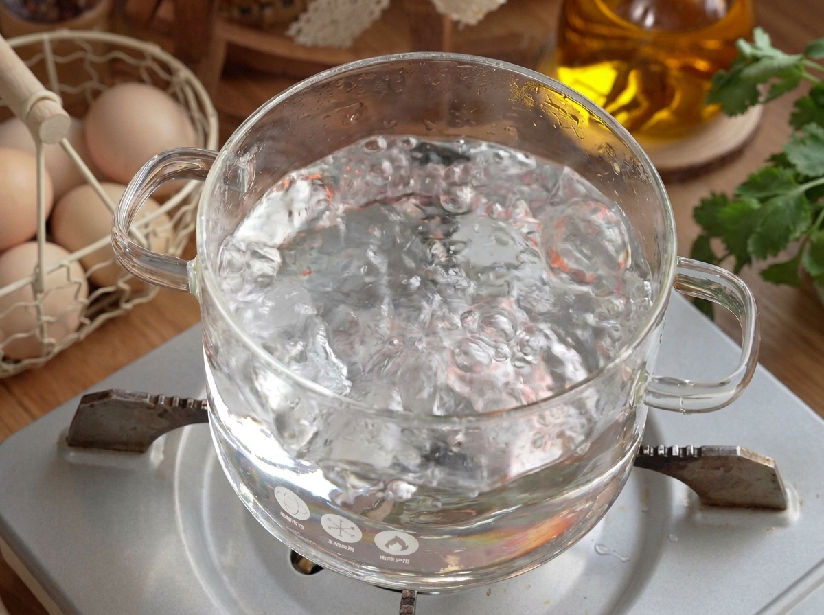 茹で上がったばかりの海老ペースト入り麺を沸騰したお湯に入れている様子。