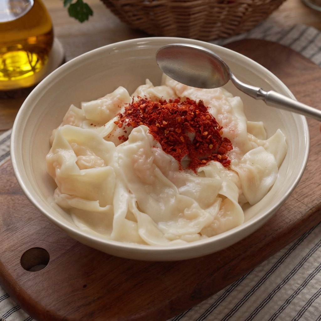 茹でた麺の上に、唐辛子、ごま、にんにくを山盛りに乗せたボウル。