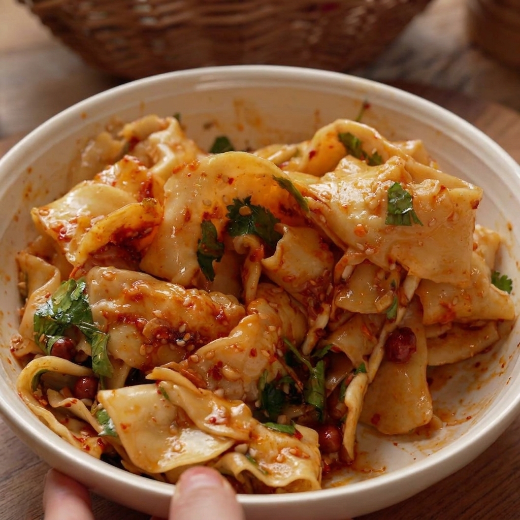 箸で麺と具材を混ぜ合わせ、ソースが均一に絡まった状態の麺。