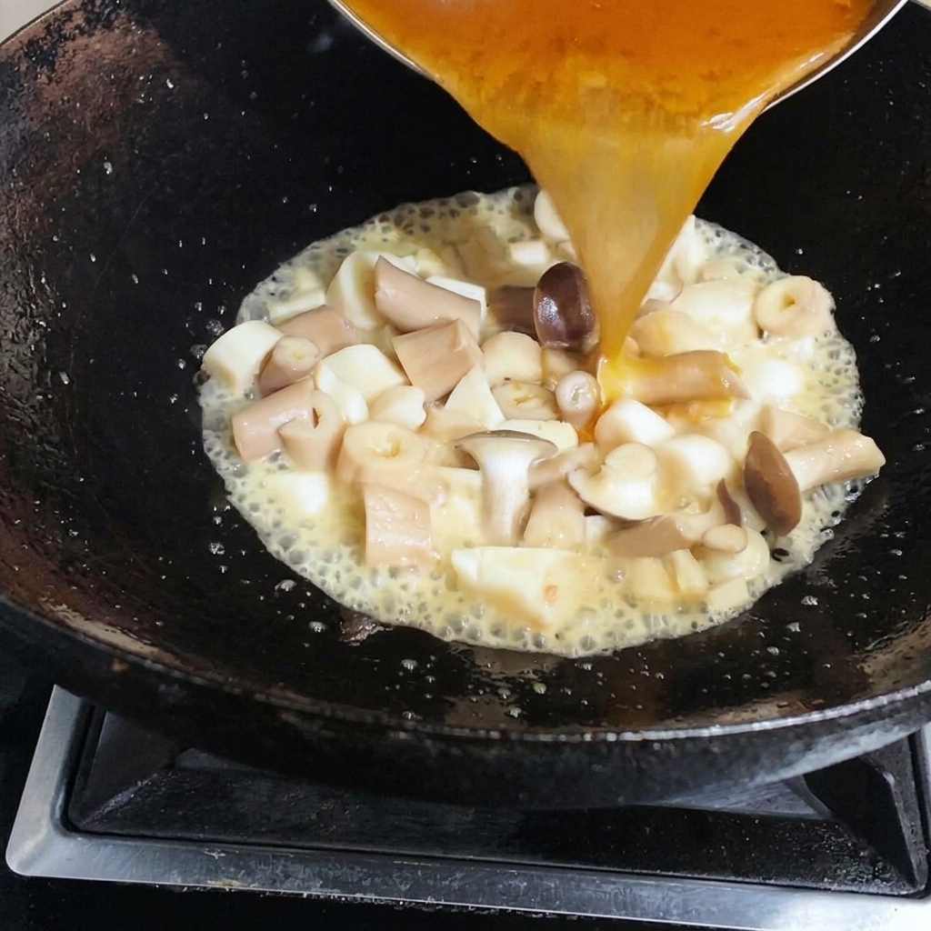 炒めたきのこに海老のスープを注いでいる様子。
