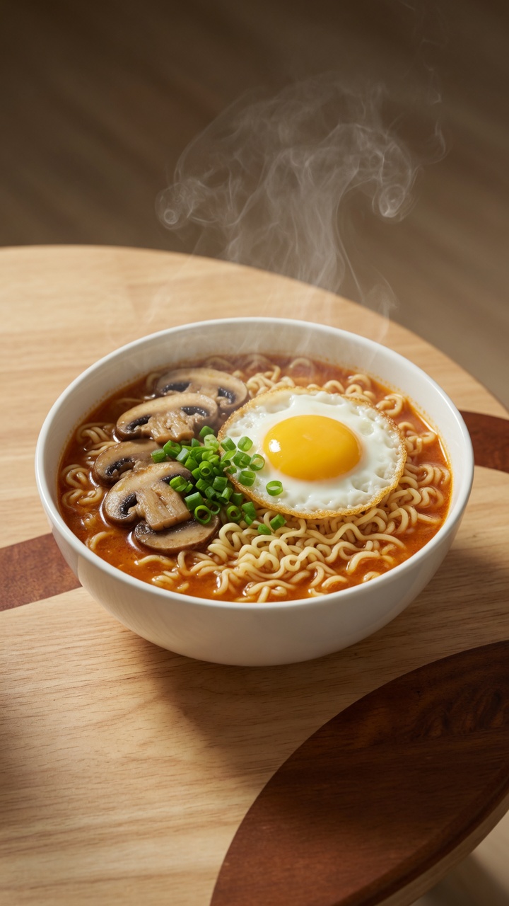 海老の出汁が黄金色に輝く、きのこのソテーと目玉焼きをのせた濃厚インスタントラーメン。