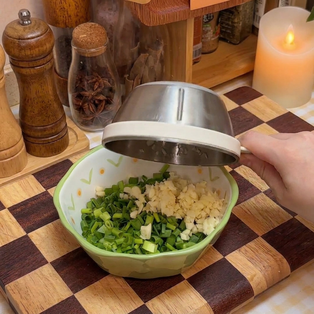 刻んだネギ、にんにく、調味料を混ぜ合わせた小さなボウル。