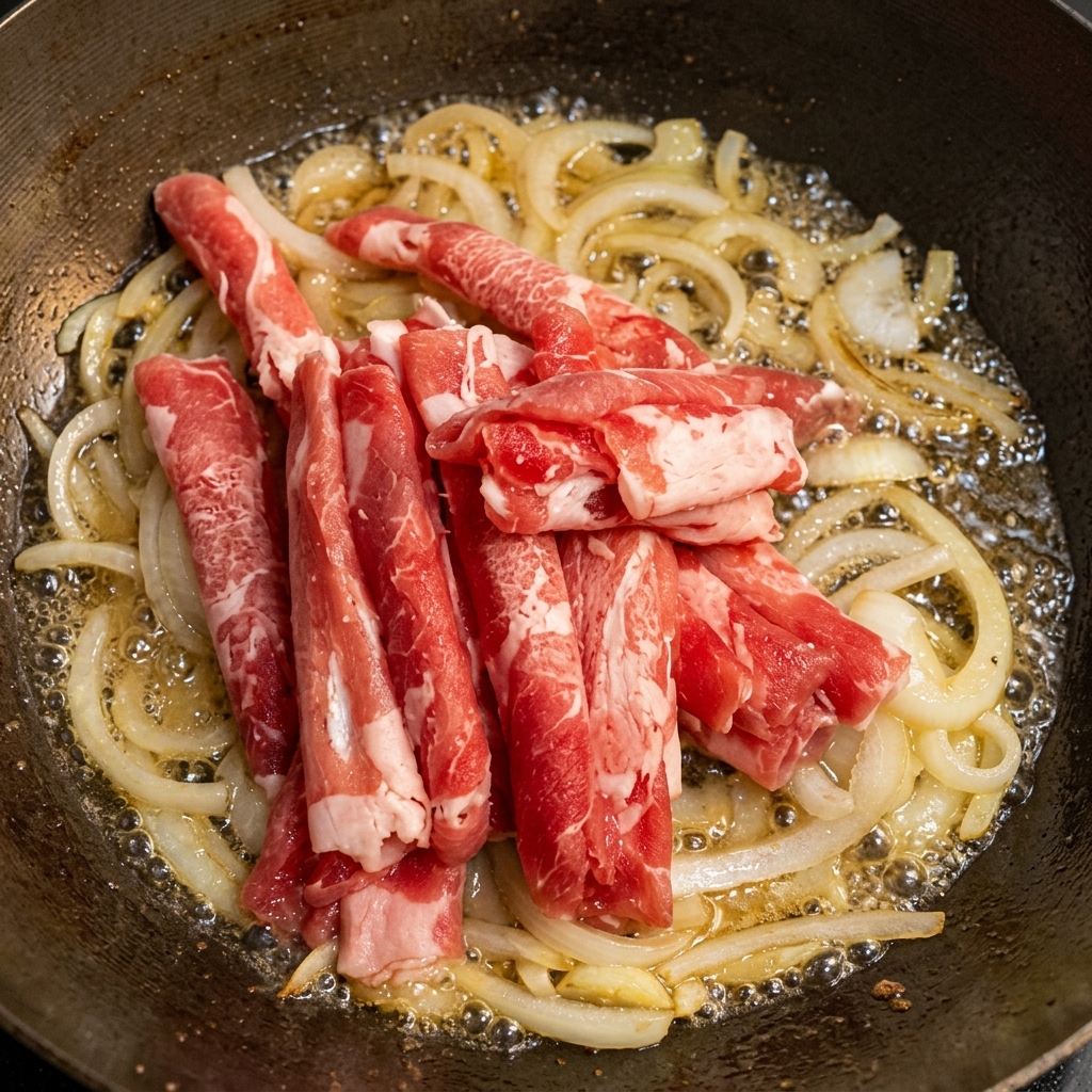玉ねぎと煮汁が入ったフライパンで牛肉の色が変わっていく様子