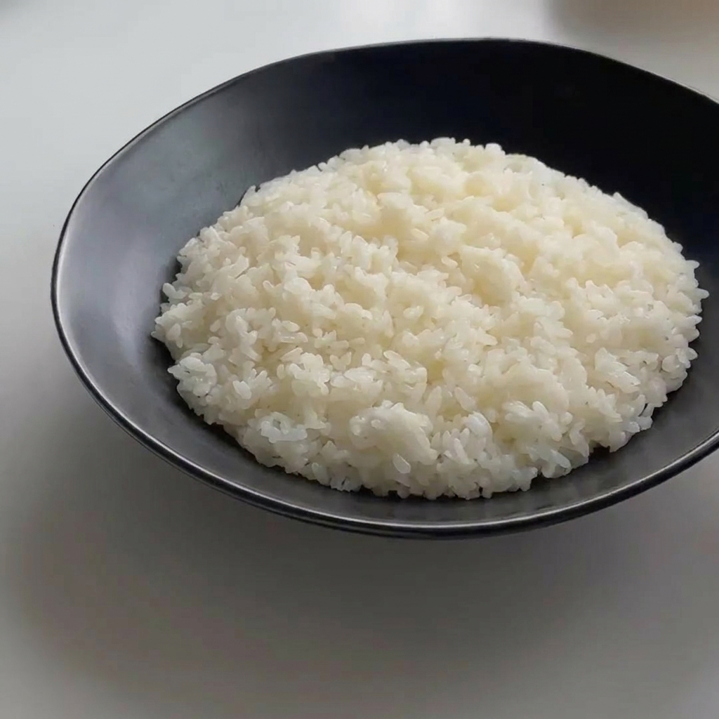 白米を盛ったボウルの中央に、美味しそうな卵がのっている様子。