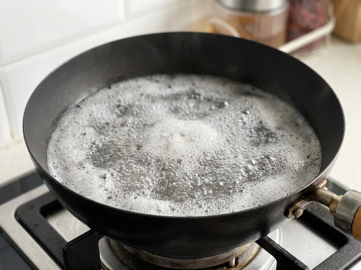 鍋の熱湯で茹でられる牛薄切り肉。