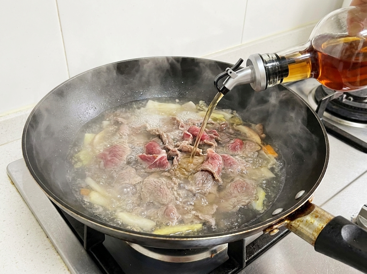 茹でている牛肉の鍋に料理酒を注ぐ様子。