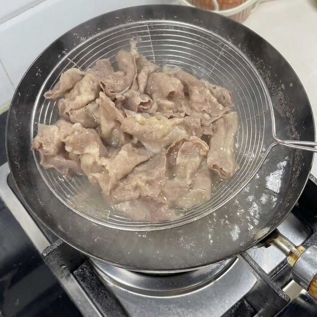 網じゃくしで茹でた牛肉をお湯から引き上げる様子。