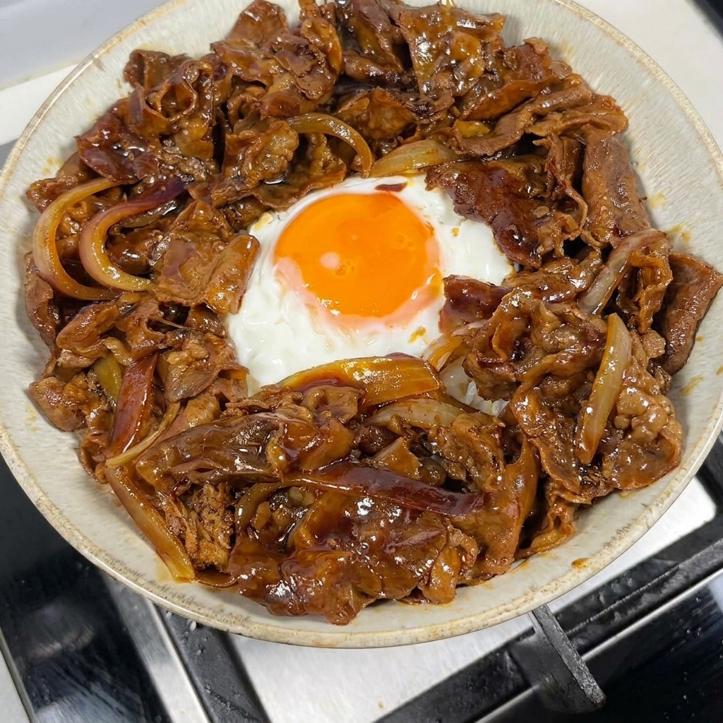 ご飯と中央の目玉焼きを囲むように、ツヤのある照り焼きビーフと玉ねぎが美しく盛り付けられた丼ぶり。