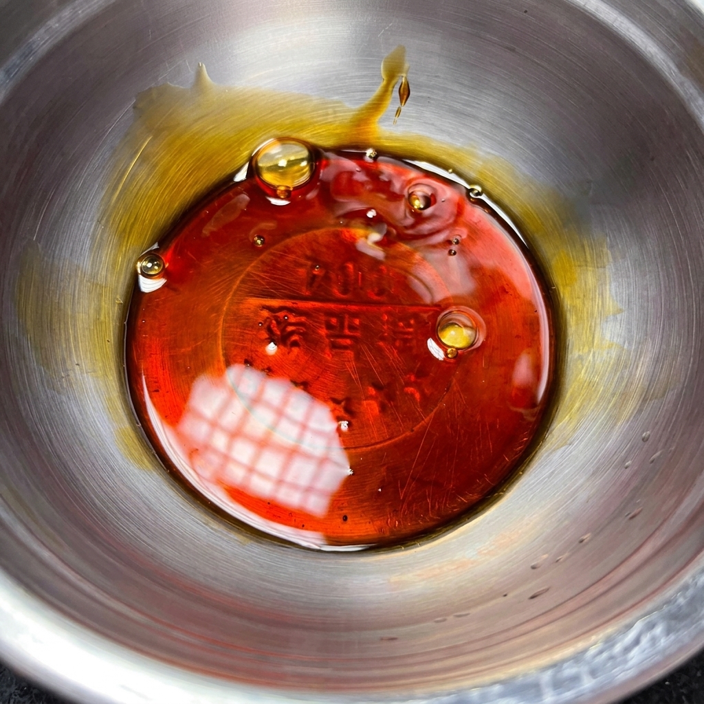 金属製のボウルでタレの材料を混ぜ合わせる様子。
