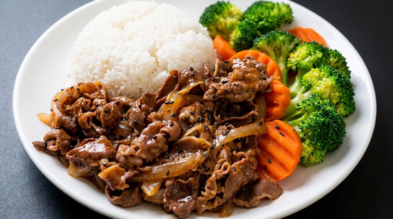 柔らかい照り焼き牛肉と玉ねぎ、彩り豊かな野菜をのせた、食欲をそそる牛丼風ボウル。