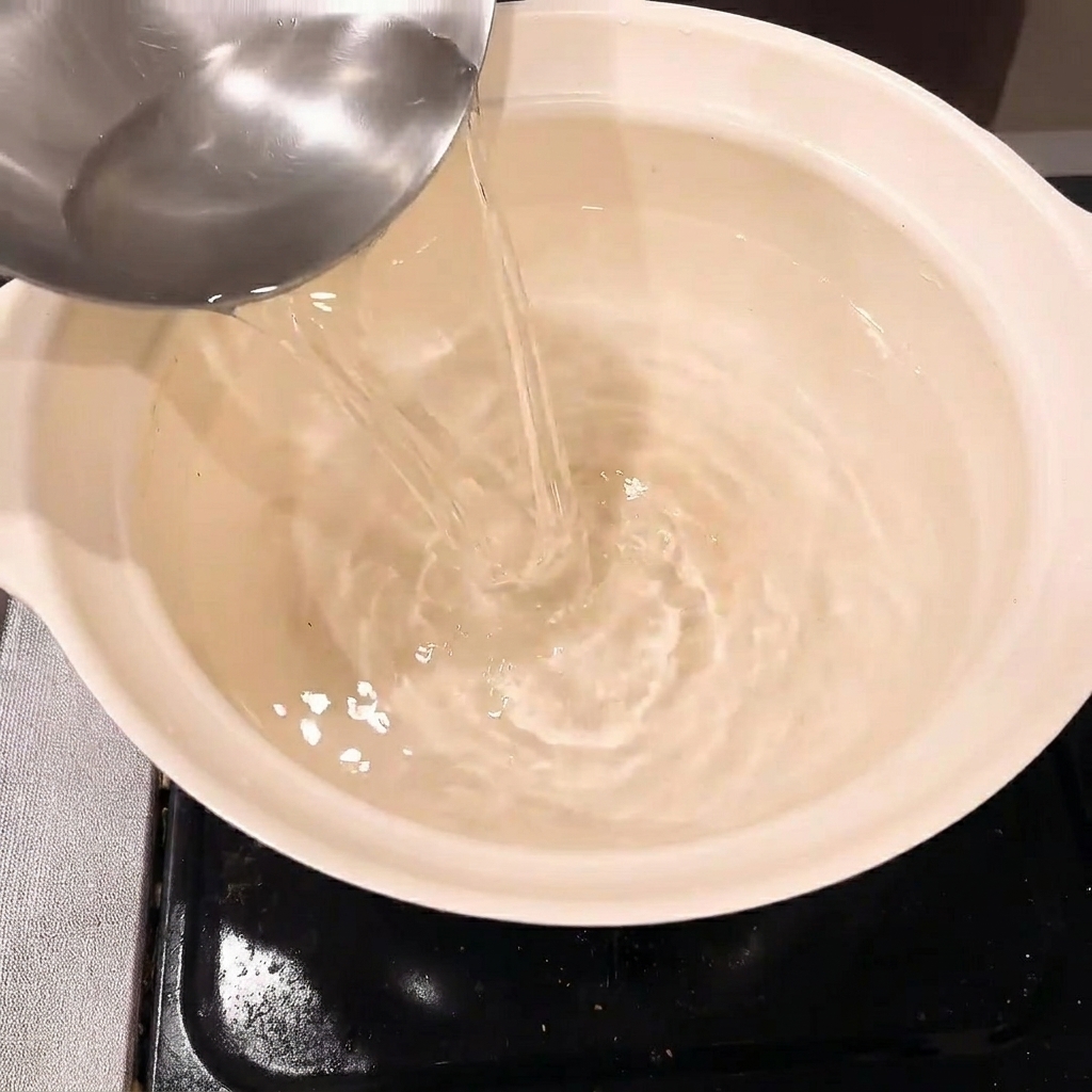 鍋の中で味噌、醤油、水、調味料を混ぜ合わせる様子
