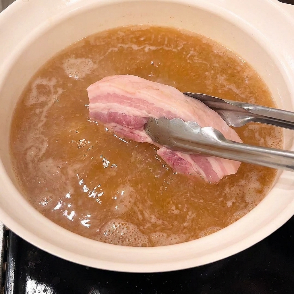 トングで下茹でした豚肉を煮汁の鍋に移す様子