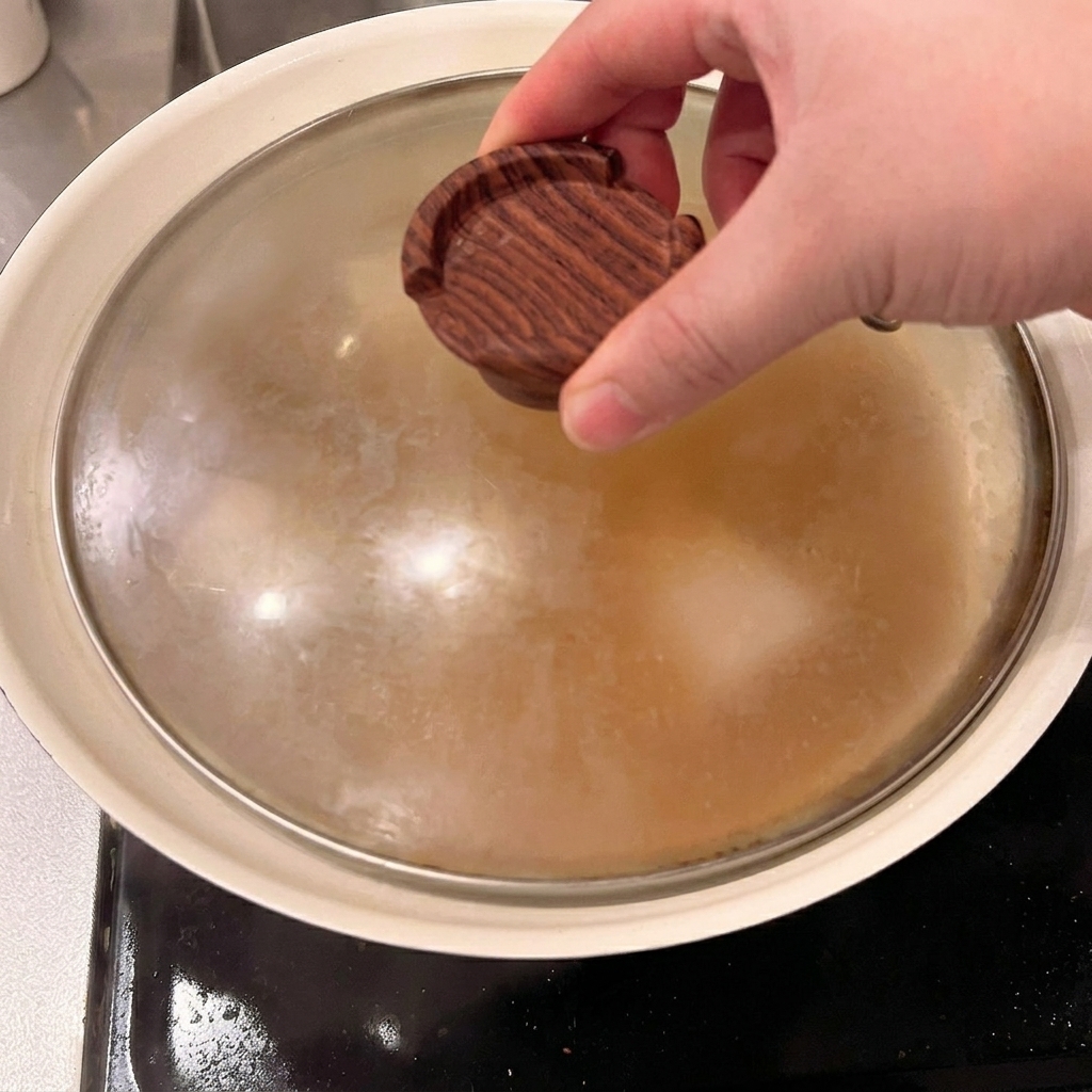 鍋に蓋をして弱火で煮込んでいる様子