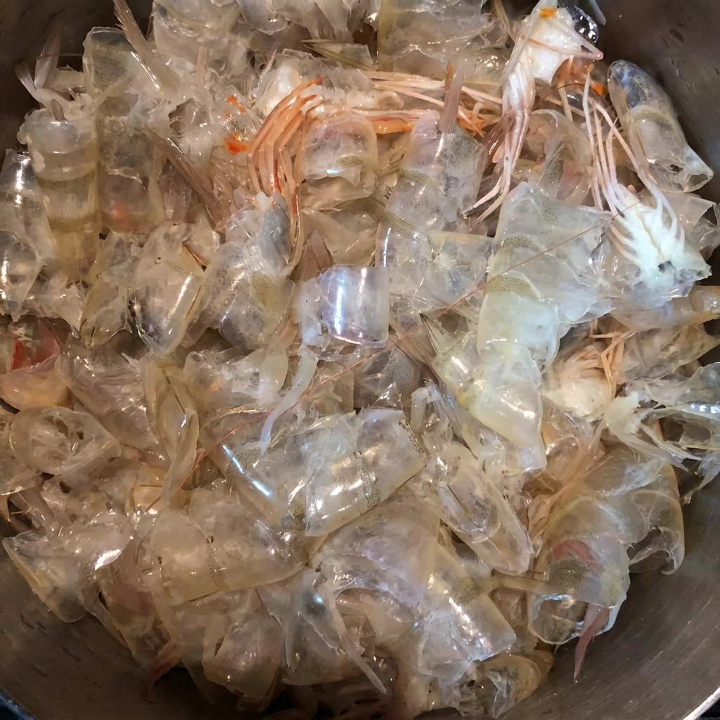 ステンレスの鍋に、きれいに洗った生の海老の殻が入れられ、出汁をとる準備が整った様子。
