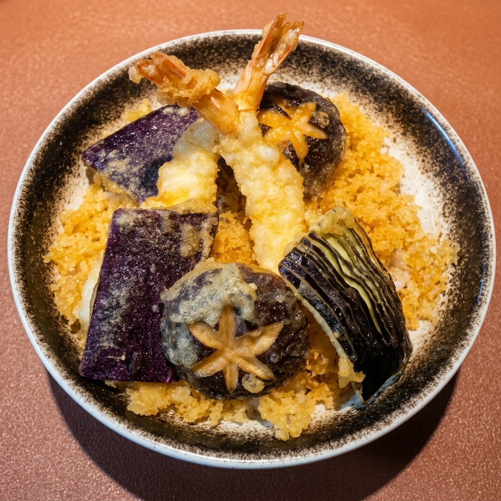 ご飯の上に揚げたての海老天と野菜天がきれいに盛り付けられた完成済みの天丼。