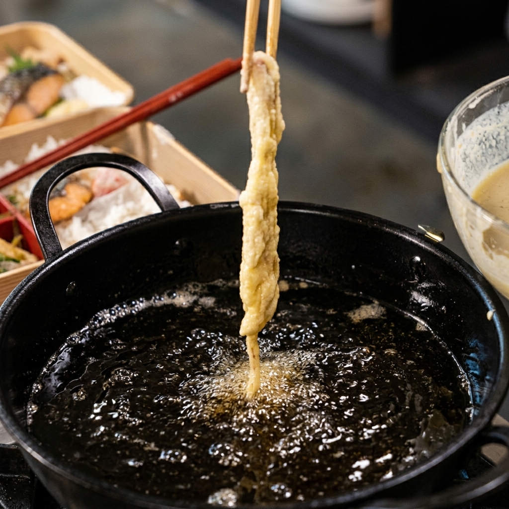 衣をつけた海老を油に入れている様子。