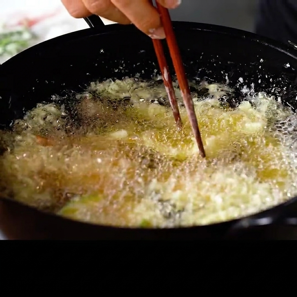 菜箸で海老を真っ直ぐに整えている様子。