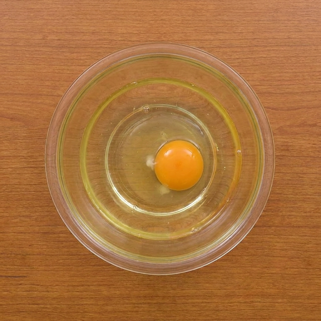 ガラスのボウルに入った卵と水を泡立て器で混ぜ合わせ、そこに小麦粉と片栗粉を加えて滑らかな衣を作っている様子。