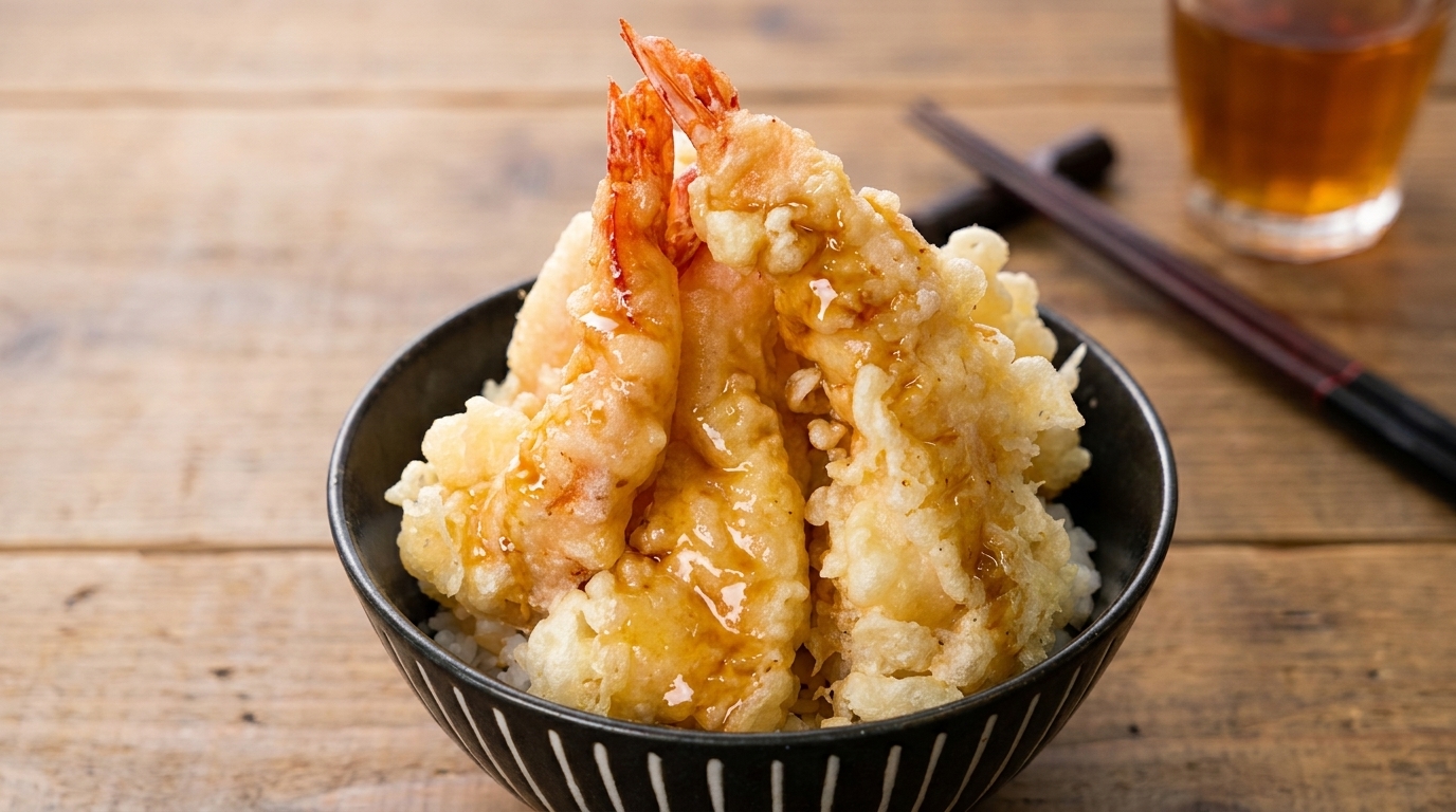 ふっくらとした白いご飯の上に、サクサクに揚がった黄金色の海老天をのせ、特製のタレをかけた定番の海老天丼。
