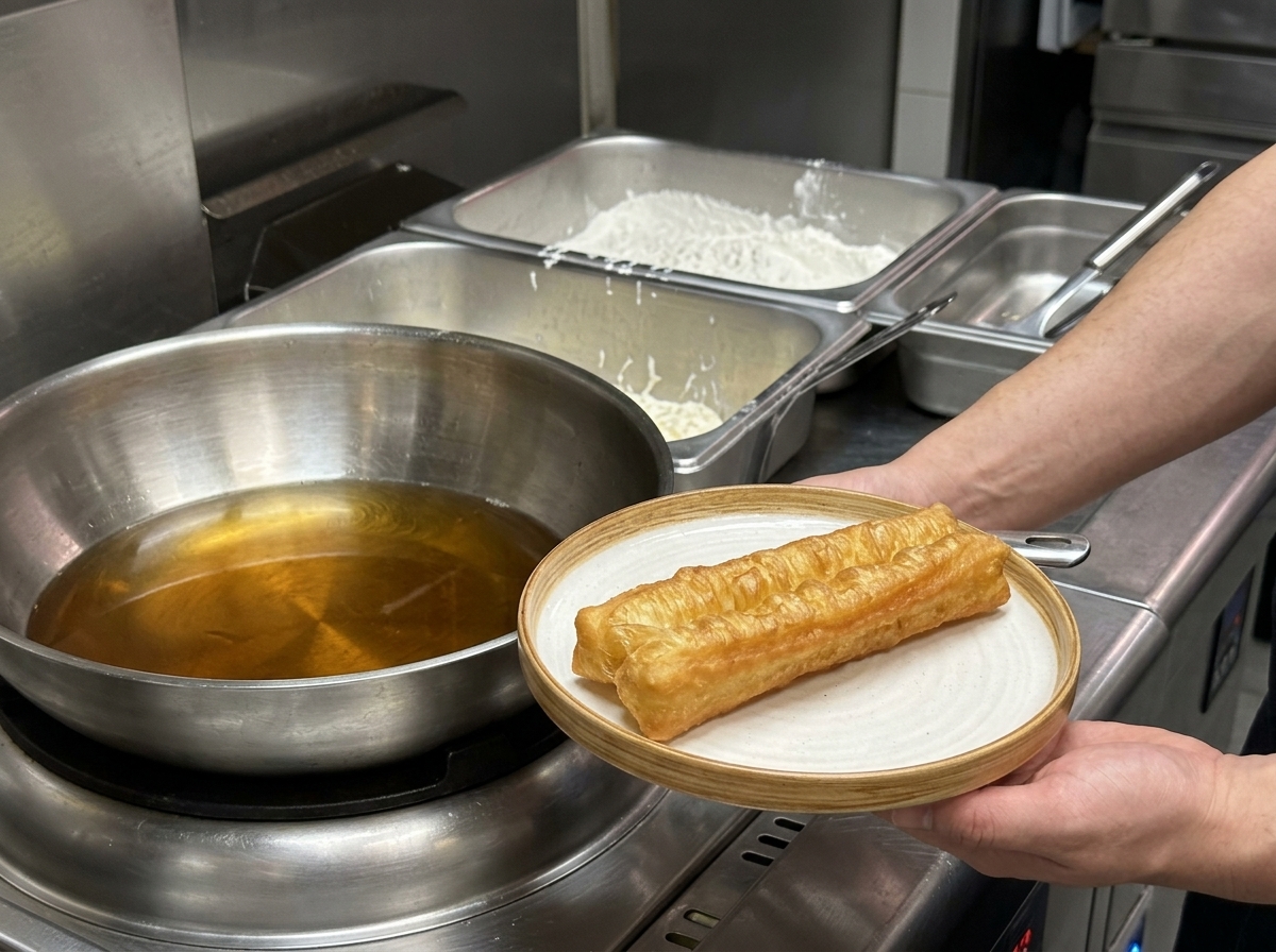 きつね色に揚がった海老を網じゃくしで油からすくい上げている様子。