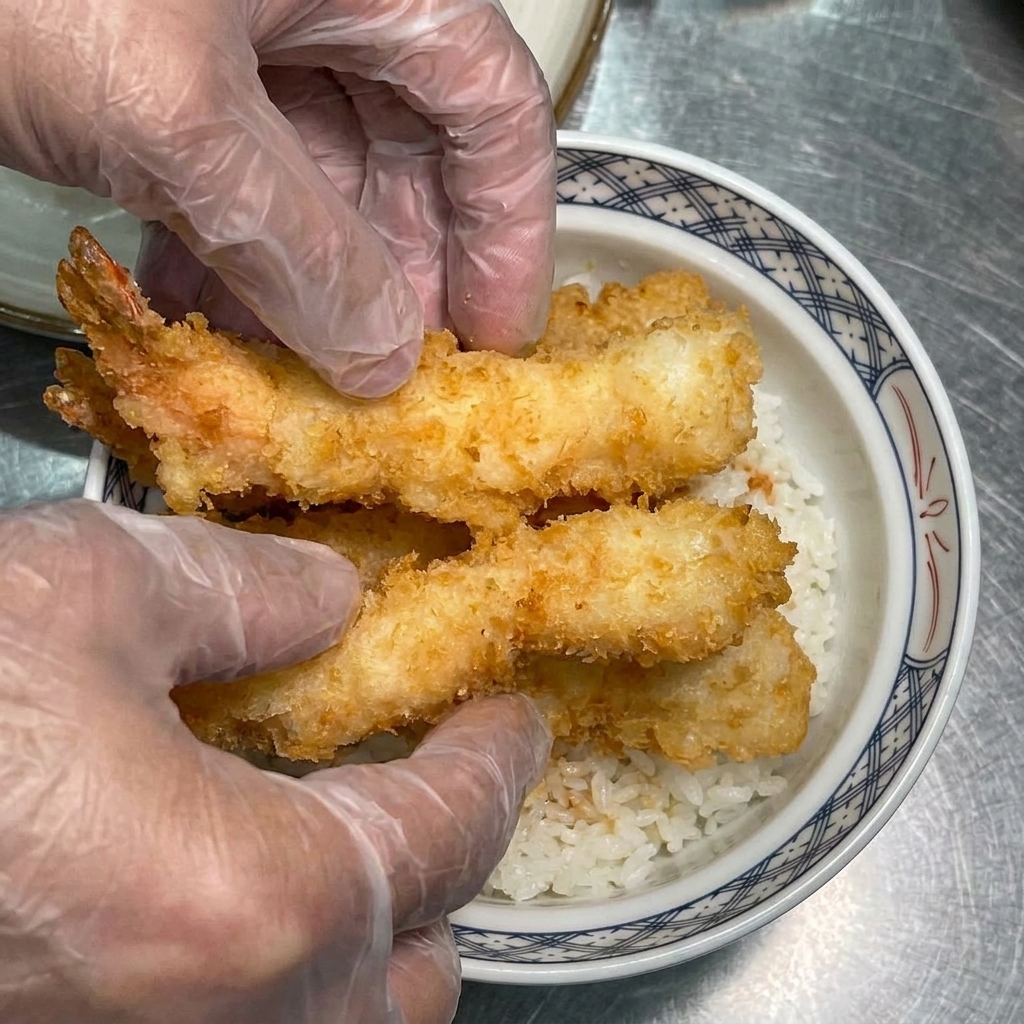 どんぶりに盛られた白いご飯の上に、揚げたての海老天をのせている様子。