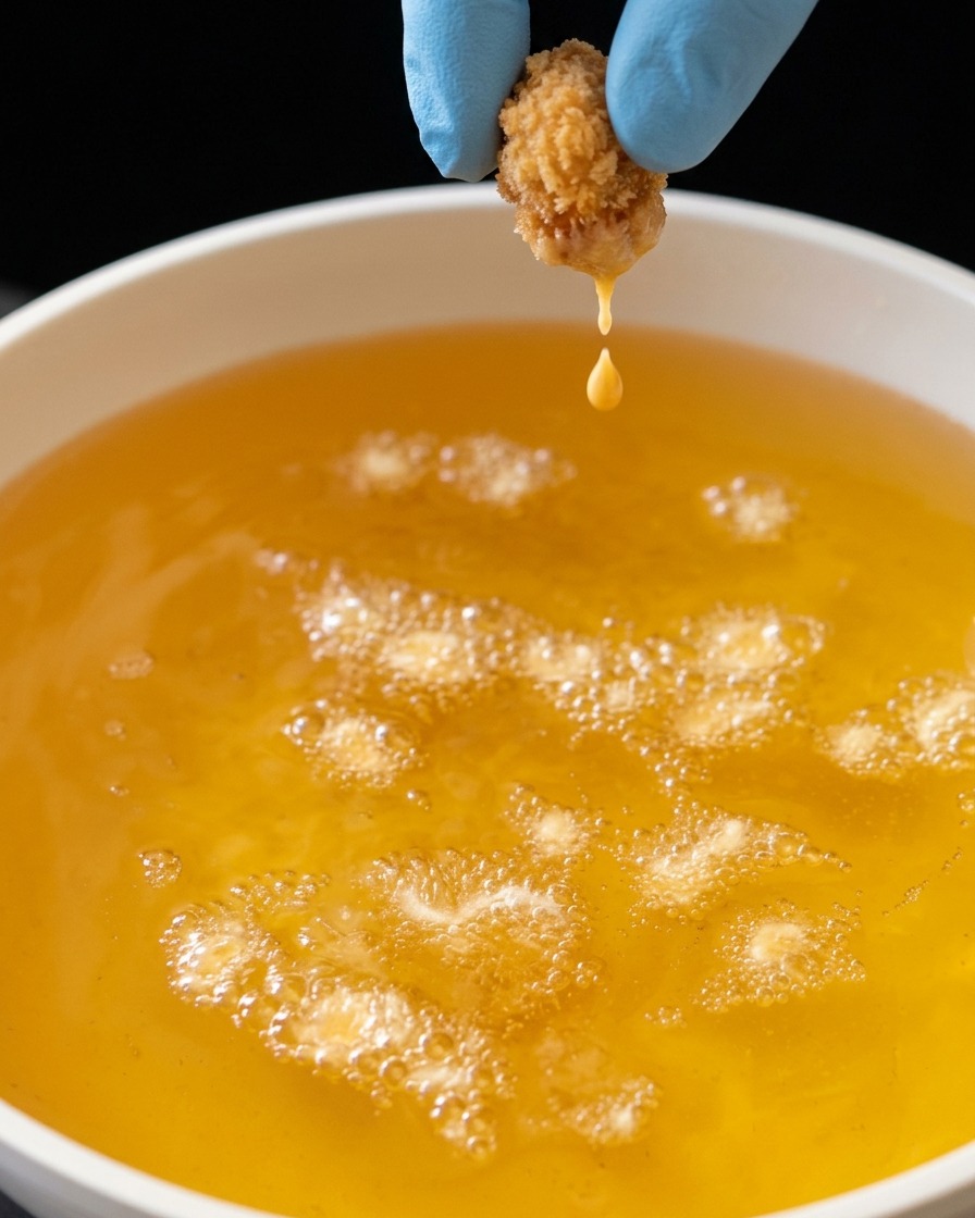 熱した油に衣を散らして揚げカスを作っている様子。