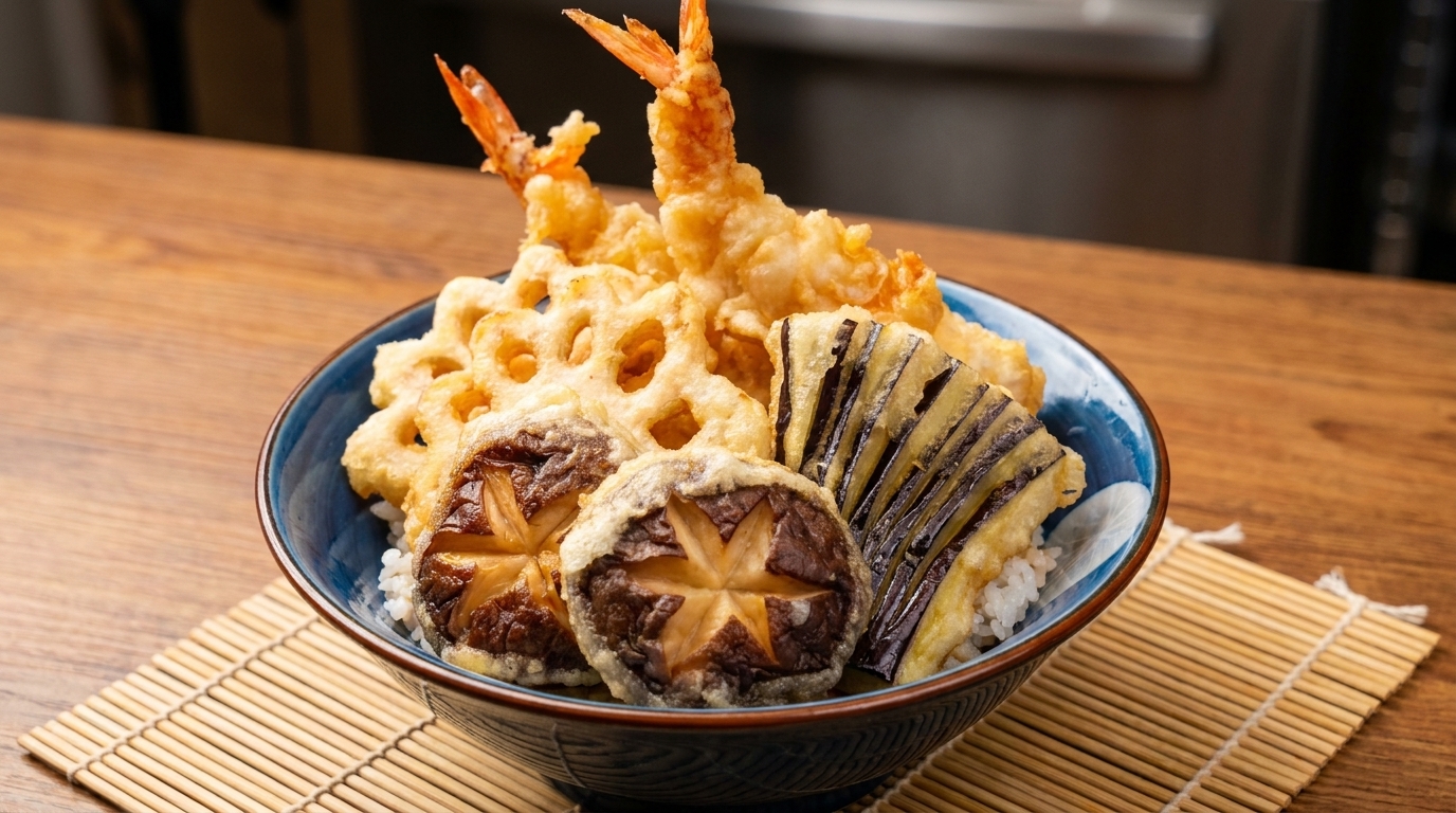 揚げたての海老、レンコン、椎茸、茄子の天ぷらをのせた、ボリューム満点の天丼。