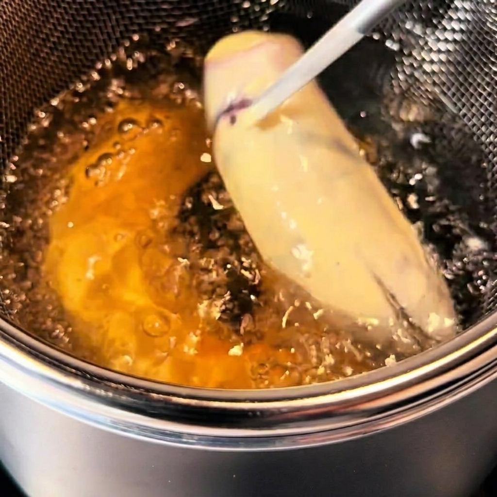 ステンレスの鍋で、衣をつけた食材が油で揚げられている様子。