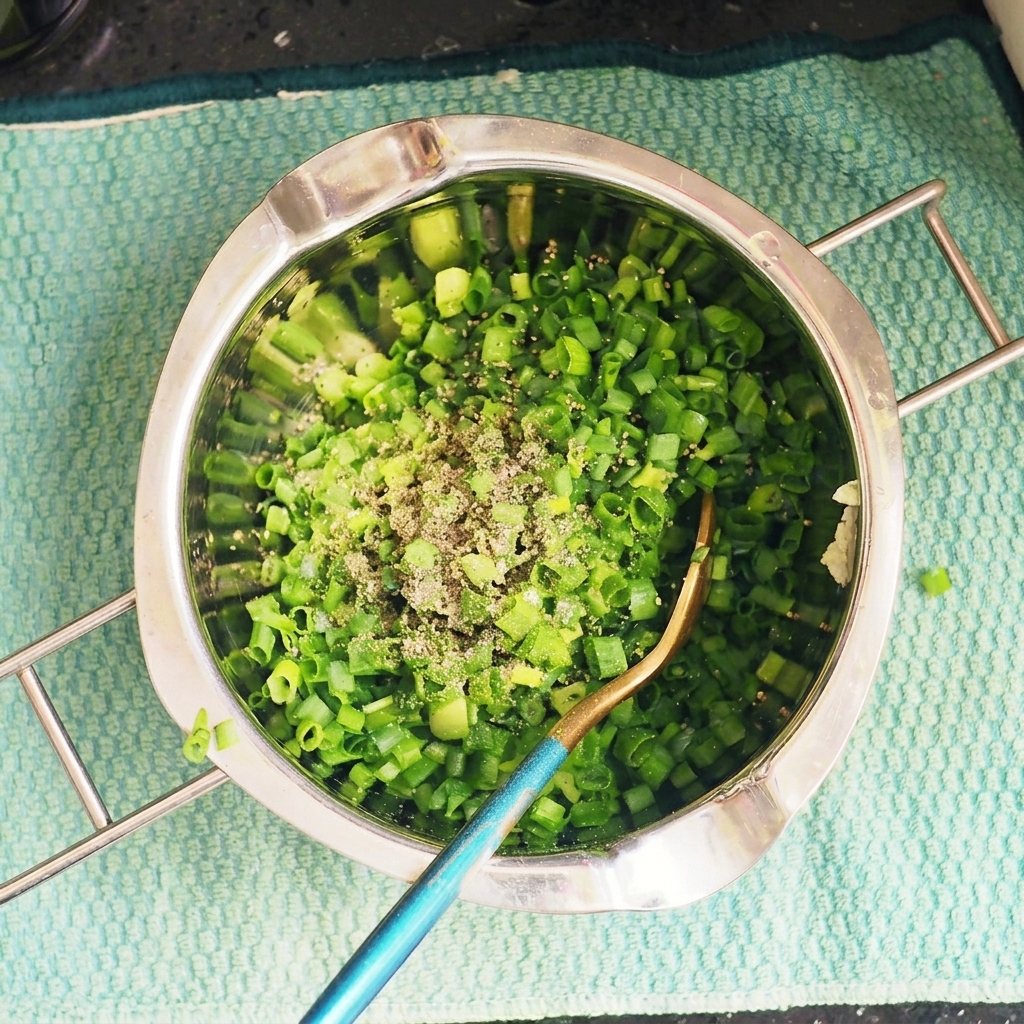 刻んだネギと調味料を別のボウルで混ぜ合わせている様子。