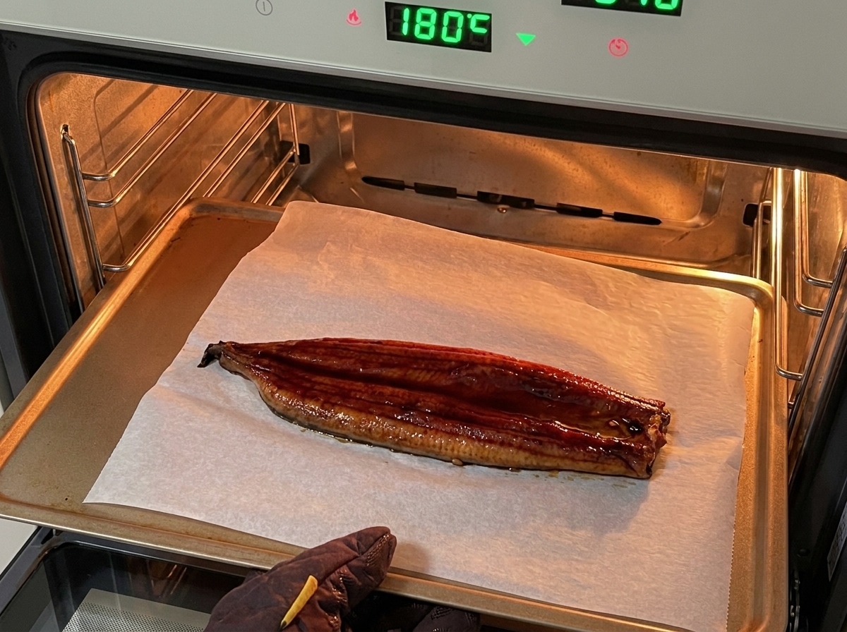 クッキングシートを敷いた天板にのせられたうなぎの蒲焼。