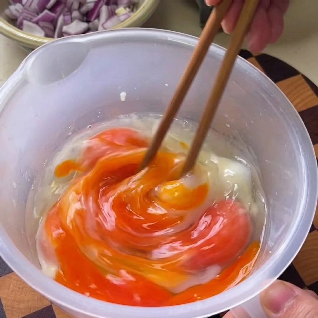 ボウルに入った卵を菜箸でよくかき混ぜている様子。