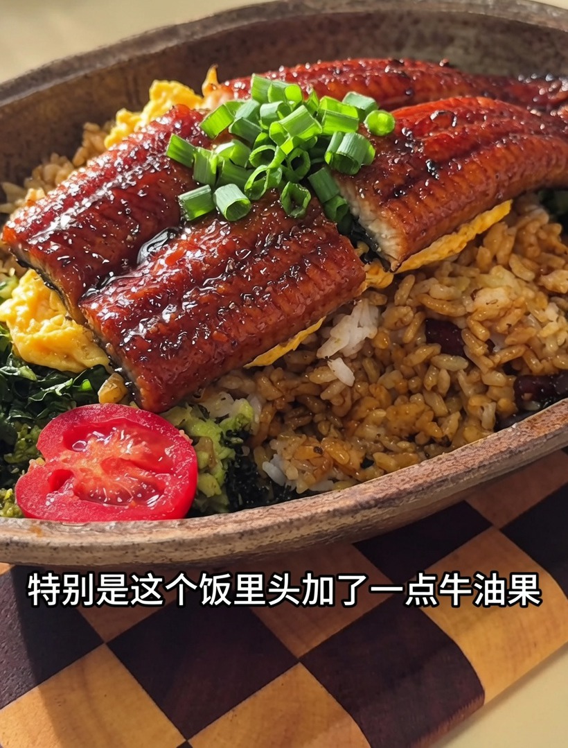 盛り付けられたご飯の横にマッシュしたアボカドをのせている様子。
