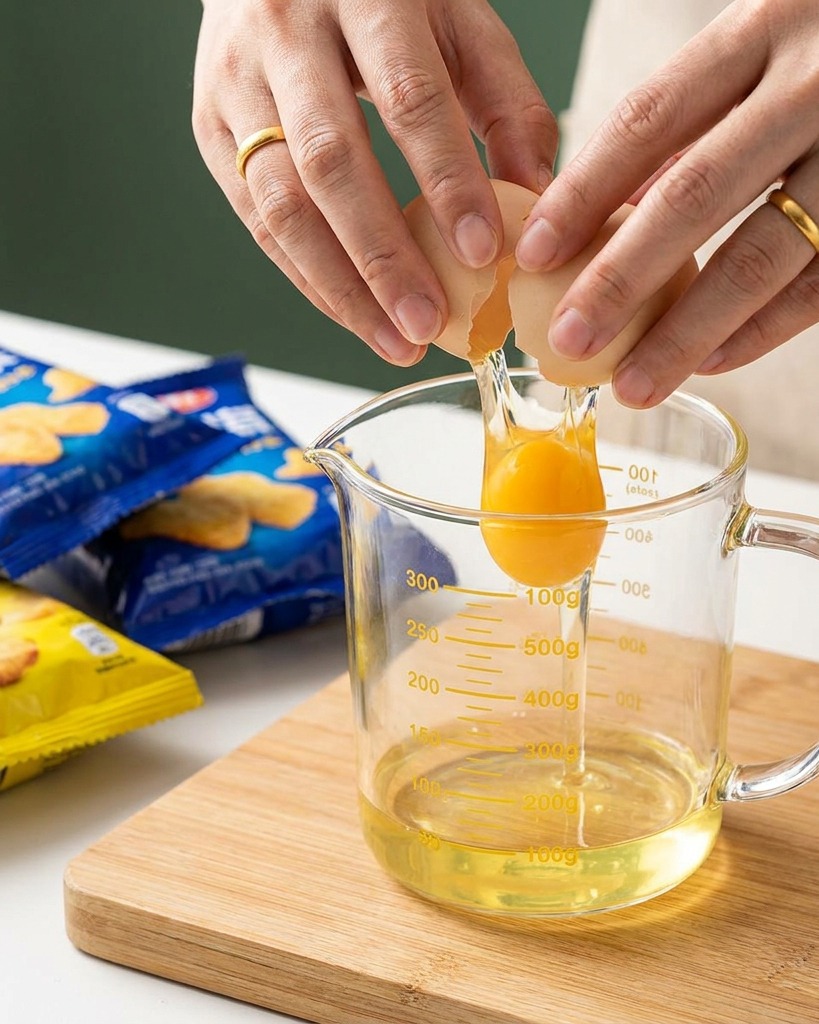 計量カップに卵を割り入れ、牛乳を加えて泡立て器で混ぜる様子。