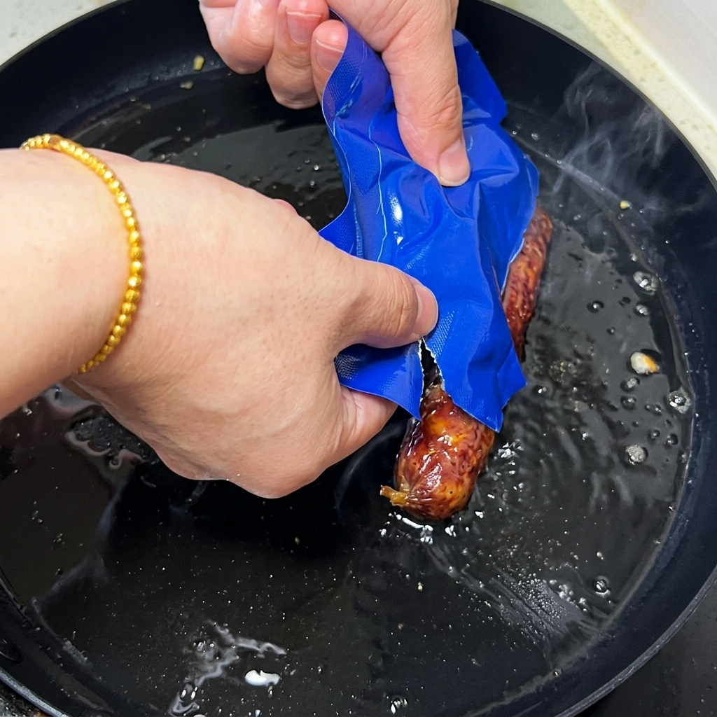 調理中の卵の上にうなぎの蒲焼きを乗せる様子。