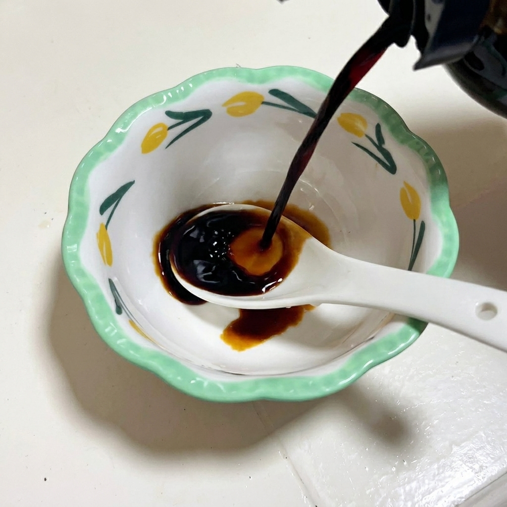小さな器に醤油などの調味料を入れて混ぜ合わせている様子。