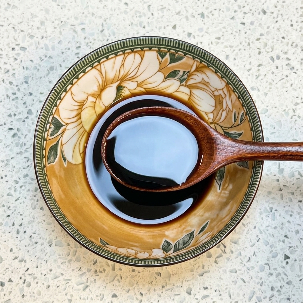 小鉢の中で醤油、蜂蜜、水を混ぜ合わせている様子。
