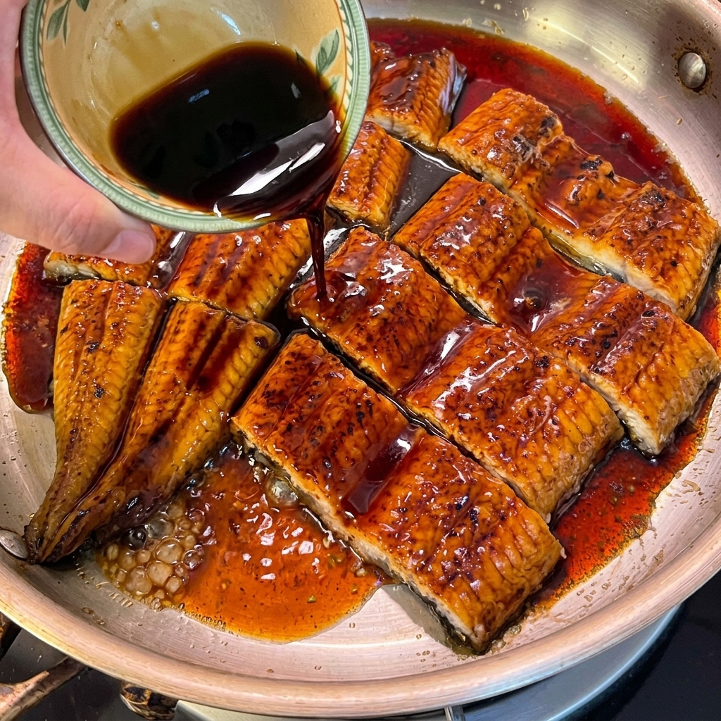 うなぎにタレをかけて煮詰めている様子。