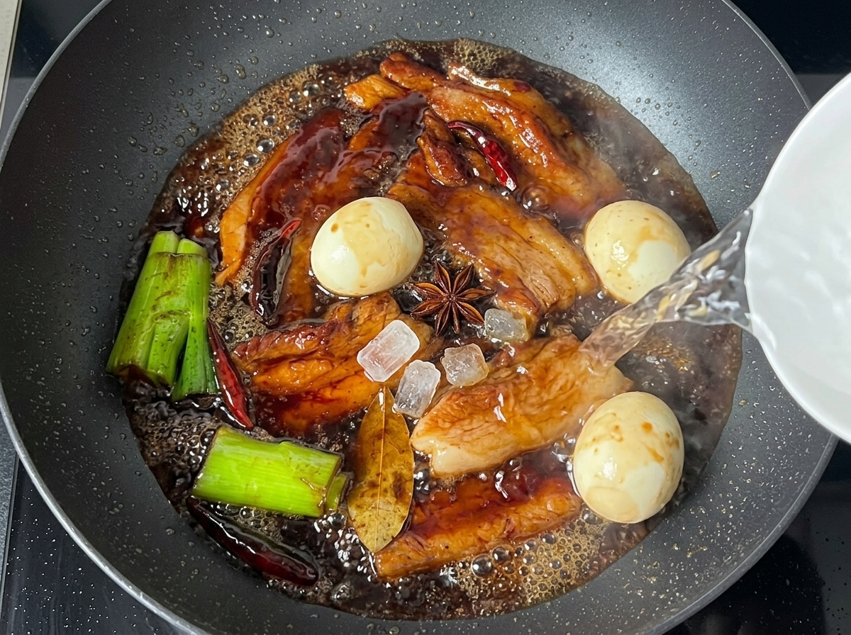 豚バラ肉、卵、スパイス、氷砂糖が入ったフライパンでお湯とともに煮込まれている様子。