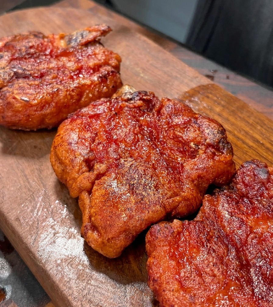 揚げ上がった豚バラ肉をまな板の上でカットしている様子
