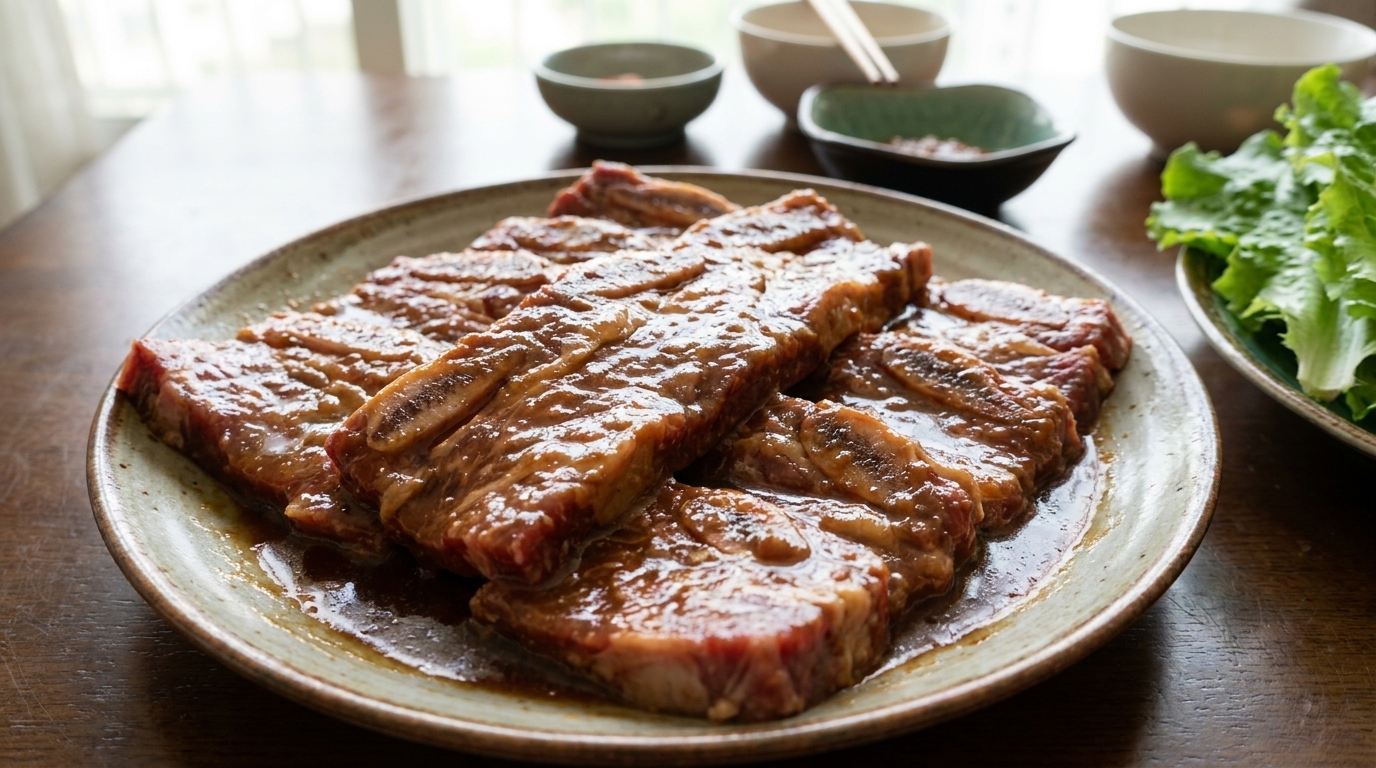 特製の醤油ダレにしっかりと漬け込まれた、焼く準備万端の骨付き牛カルビ。